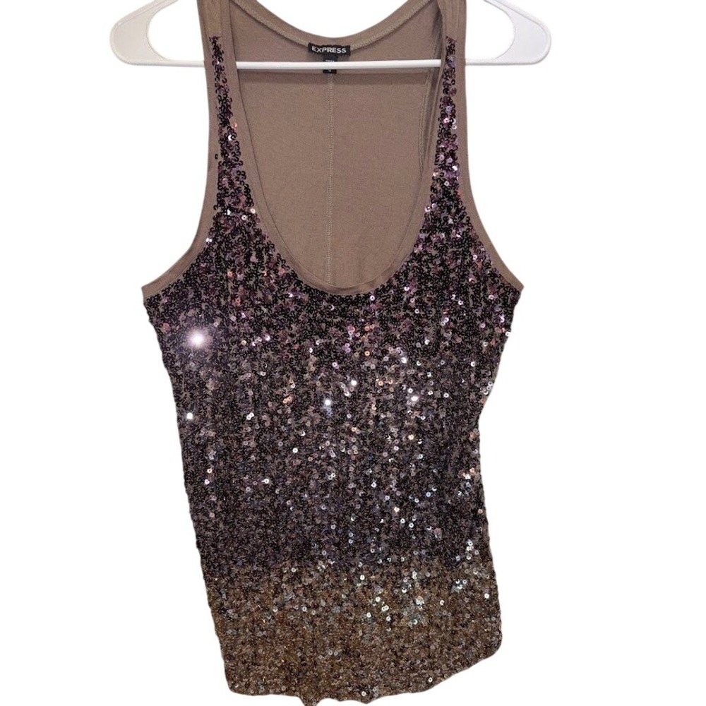 Express Ombre Sequin Tank Top Purple Gold Bronze Scoop Neck Racerback Medium